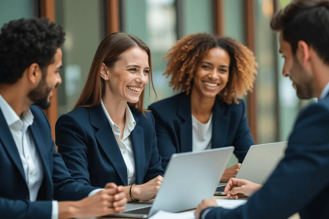 Pharmacy students smiling during a study group, preparing for their pharmacy exam. PharmacyCert provides exam prep.